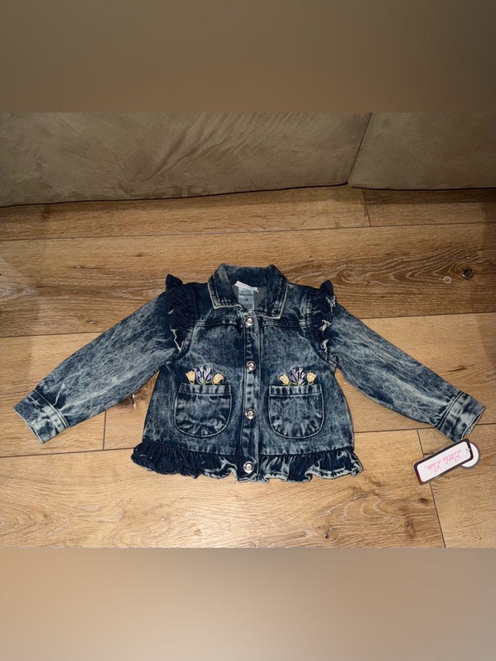 Little Lass Toddler Girls Acid Wash Denim Jacket with Flower‎ Embroidery 18 mo